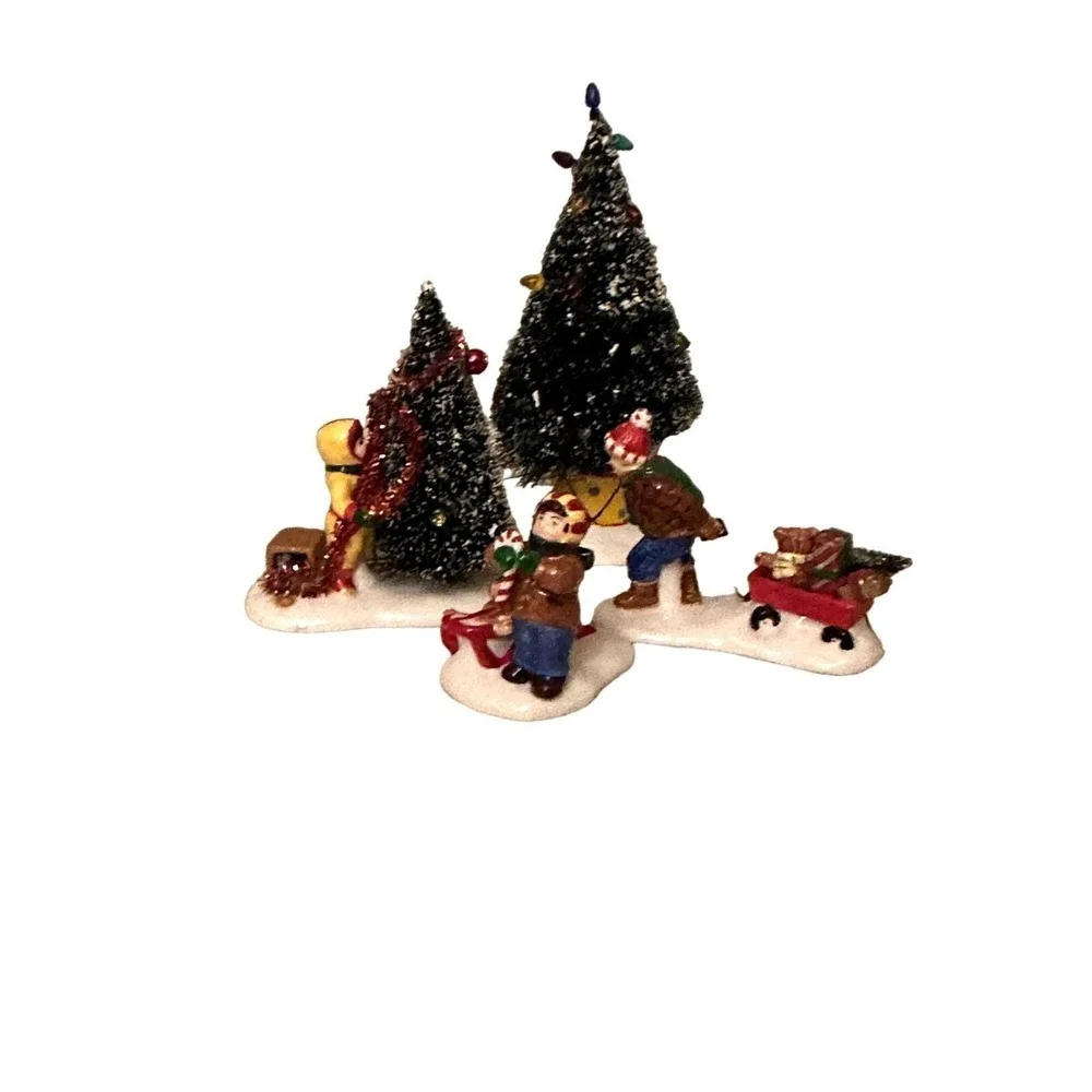 Christmas Village Accessories Multicolor Figurines Set Children Trees Wagon Sled